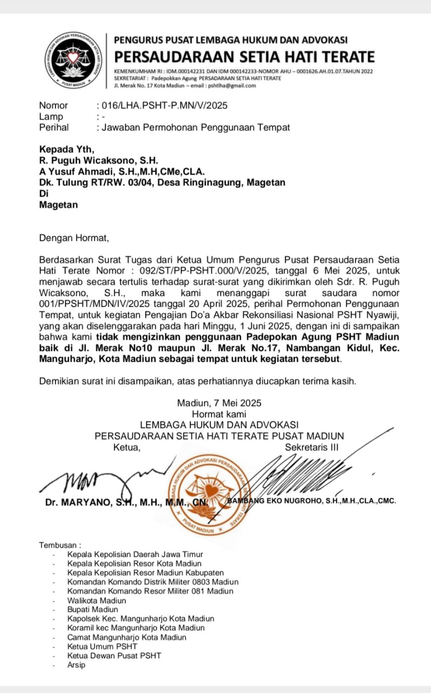 LHA PSHT Pusat Madiun, Respon Cepat Surat Permohonan Nyawiji dan Penggunaan Padepokan Agung