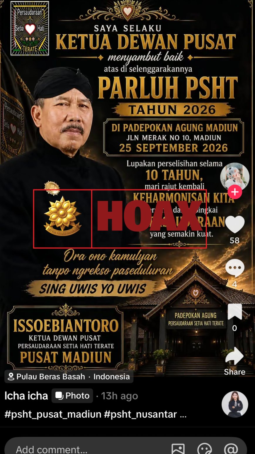 Hoax, Ketua Dewan Pusat Persaudaraan Setia Hati Terate  Mendukung Parluh 25 September 2026